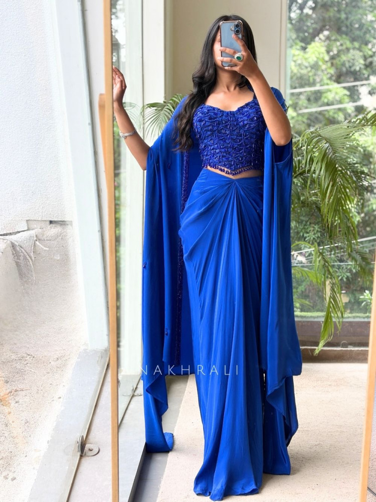 Image of Vritika Royal Blue Georgette Indo-Western Crop Top Skirt