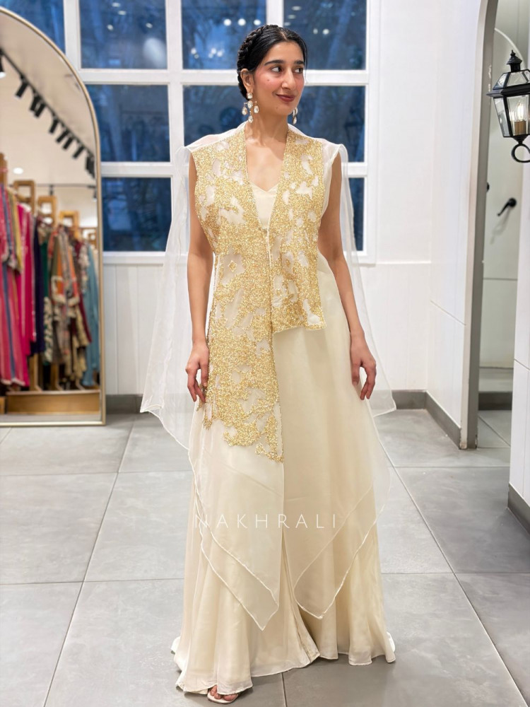 Image of Fractured Cream Organza &amp; Crepe Indo-Western Palazzo Set