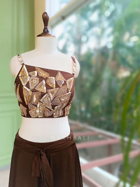 Noirya Brown Indo Western Drape Skirt Set with Sequin Work