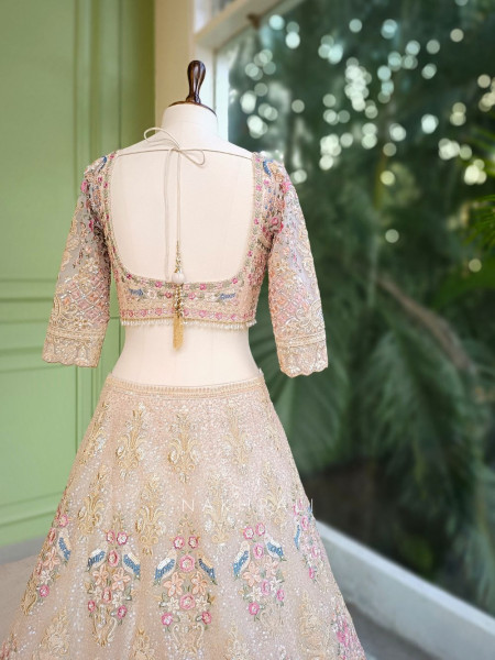 Amira Cream Embroidered Net Lehenga with Sequin Work