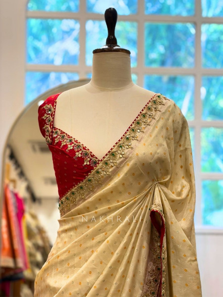Verdant Red & Cream Bandhej Saree Zari Border Work