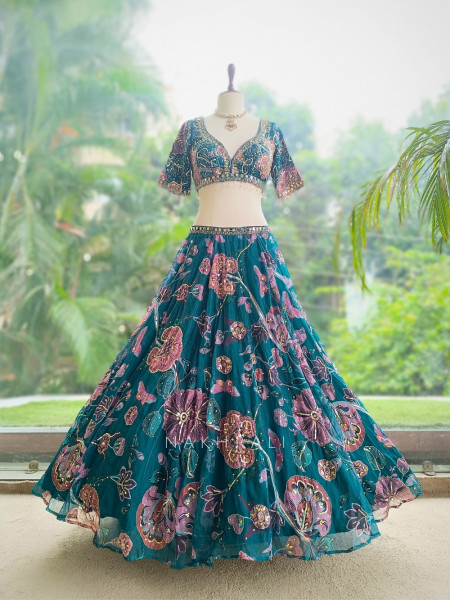 Nishaara Teal Blue Organza Silk Lehenga Set