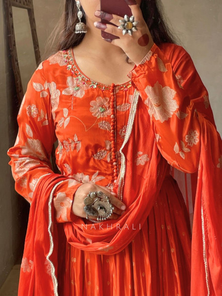 Vashti Orange Chinon Floral Anarkali with Zari & Bead Work