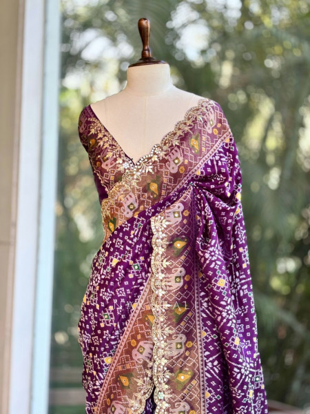 Zoraya Purple Patola Saree with Elephant Motif Border