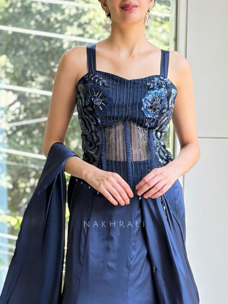 Twilight Blue Indo-Western Pre-Draped Corset Lehenga