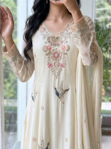 Sylvan Reverie Cream Chanderi Silk Anarkali Suit Set