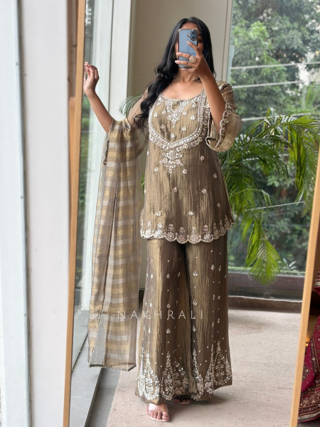 Inara Shimmer Brown Crushed Organza Gharara Suit Set