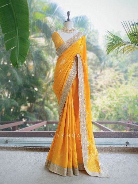 Tavira Yellow Saree with Broad Border and Unstitched Blouse Piece