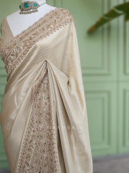 Kasturi Cream Zari Saree with Cut Dana Beads Work