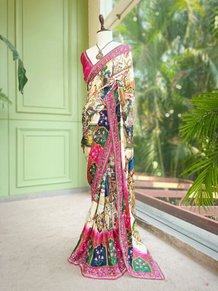 Rihon Magenta Printed Saree with Floral Scenic Design