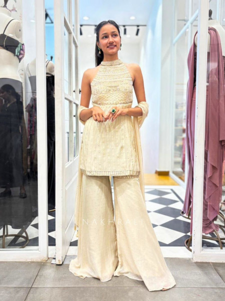 Seren Beige Kurta Palazzo Set with Sequin Cut Dana Work