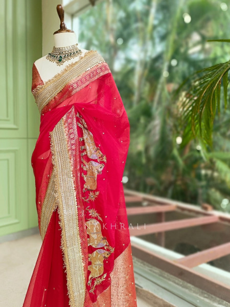 Vraj Ras Banarasi Tissue Silk Saree – Hand Embroidery & Zari Border