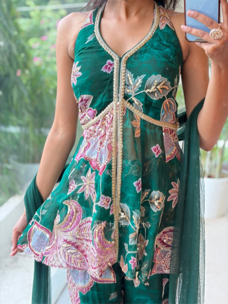 Gulbahar Bottle Green Indo-Western Peplum Sharara Set