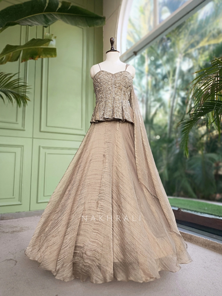 Image of Bespoke Bloom Golden Crushed Shimmer Tissue Fusion Lehenga