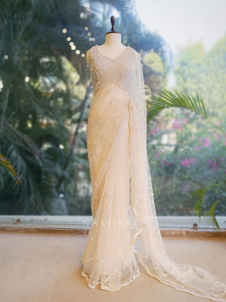 Image of Lumina White Net Saree with Cut Dana &amp; Bead Work