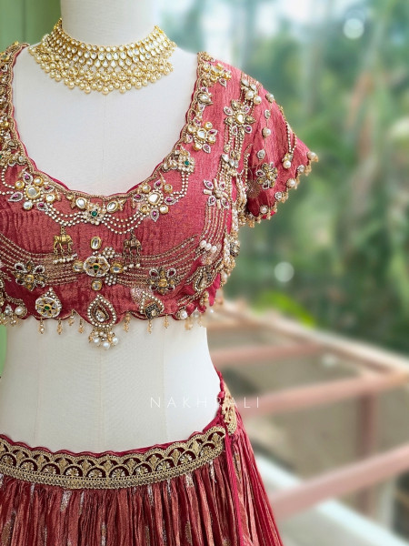 Vrishti Red Crinkle Silk Lehenga Set With Kundan Zardosi Work