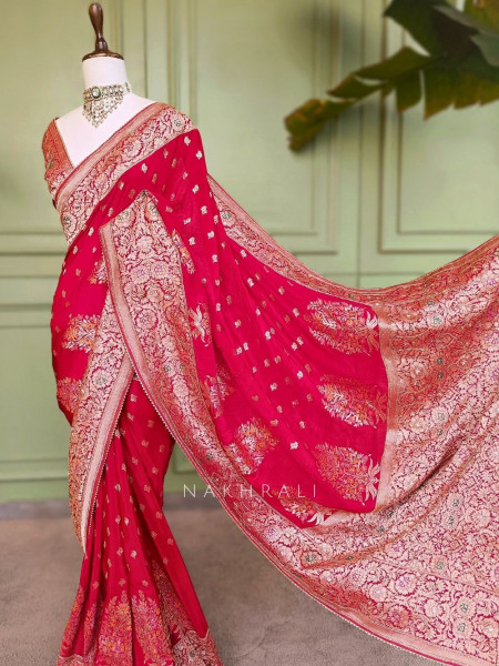 Padmika Red Banarasi Katan Silk Saree with Zari Buti and Meenakari Brocade Pallu