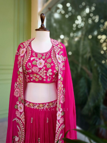 Ira Magenta Embroidered Crop Top Skirt Set with Cape Dupatta