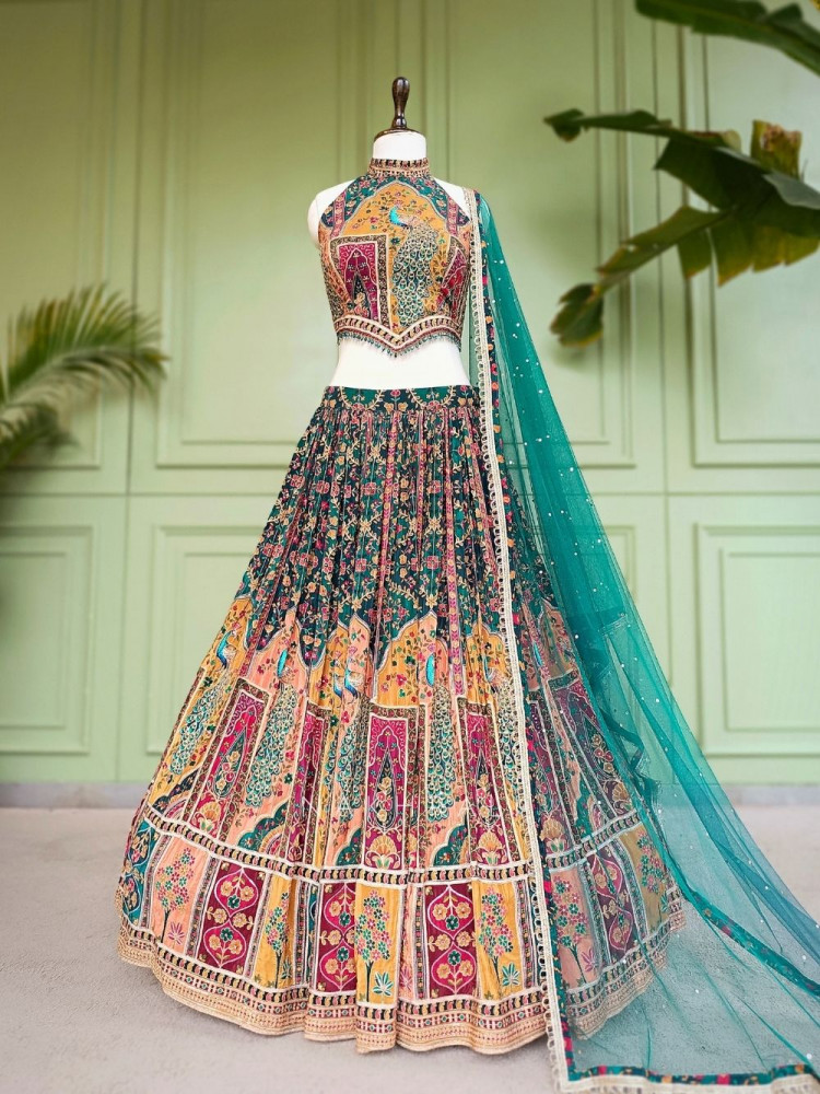 Image of Gulnaar-e-Ishq Green Peacock Print Halter Neck Lehenga Set