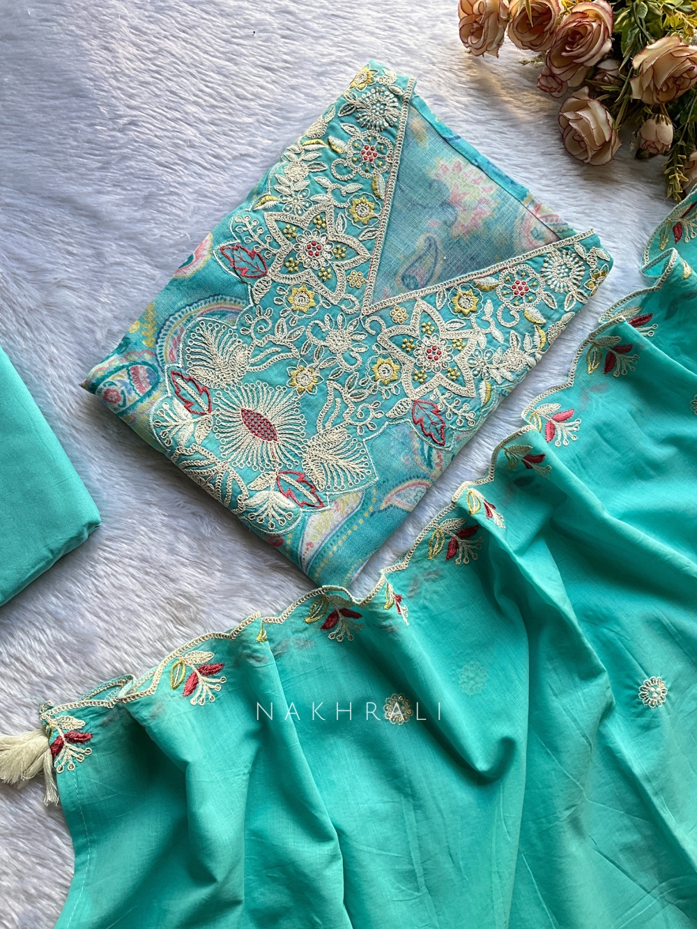 Sky Blue Floral Printed Cotton Dress Material with Thread Embroidery Sky Blue Floral Printed Cotton Dress Material with Thread Embroidery
