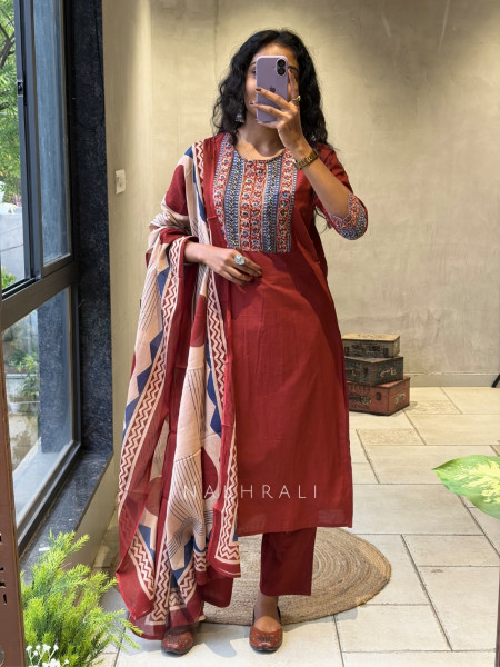 Virexa Red Printed Yoke Kurta Pant Set with Dupatta