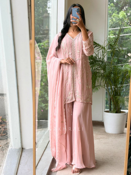 Sorrel Pink Organza Georgette Layered Sharara Suit Set