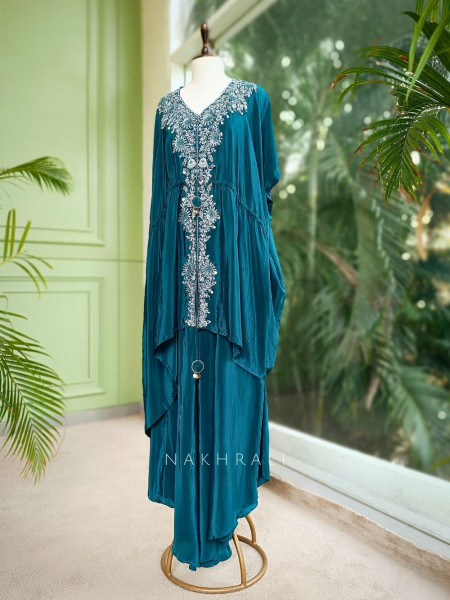Elegant Embroidered Teal  Kaftan & Palazzo Set