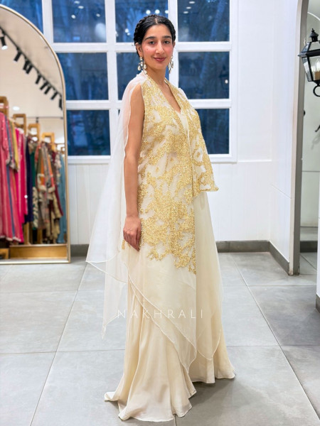 Fractured Cream Organza & Crepe Indo-Western Palazzo Set