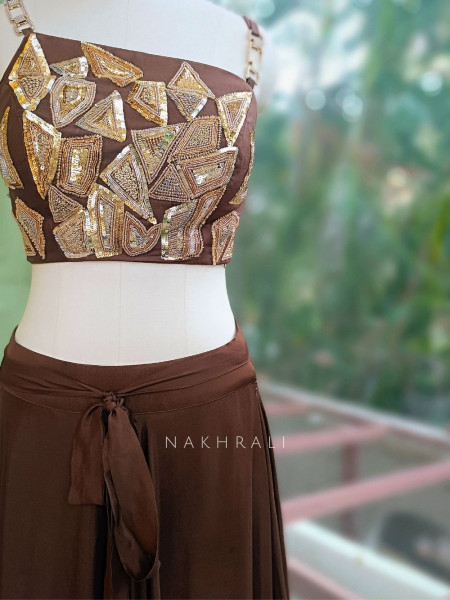 Noirya Brown Indo Western Drape Skirt Set with Sequin Work