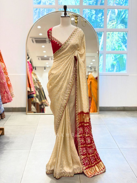 Verdant Red & Cream Bandhej Saree Zari Border Work