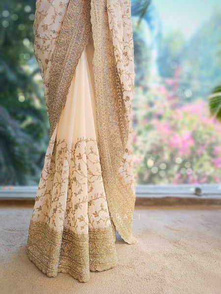 Ajmal Cream Two-Piece Saree Set with Dupatta