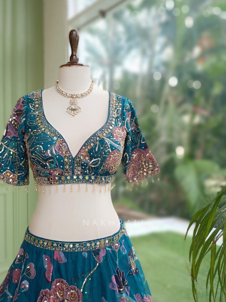 Nishaara Teal Blue Organza Silk Lehenga Set