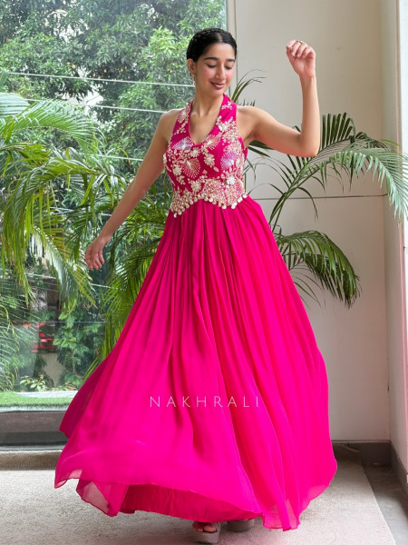 Rosette Magenta Georgette Long Dress