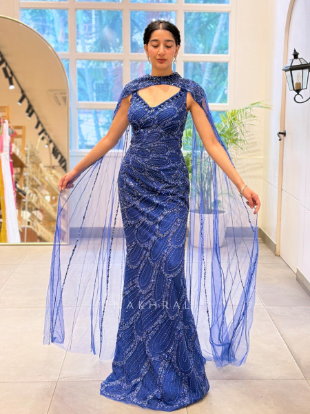 Sapphire Shimmer Blue Cape Mesh Net & Tulle Gown With Cutdana, Sequin & Paisley Bead Work