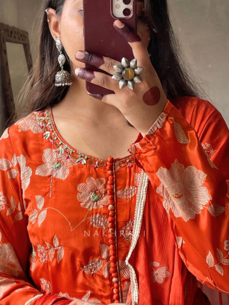 Vashti Orange Chinon Floral Anarkali with Zari & Bead Work