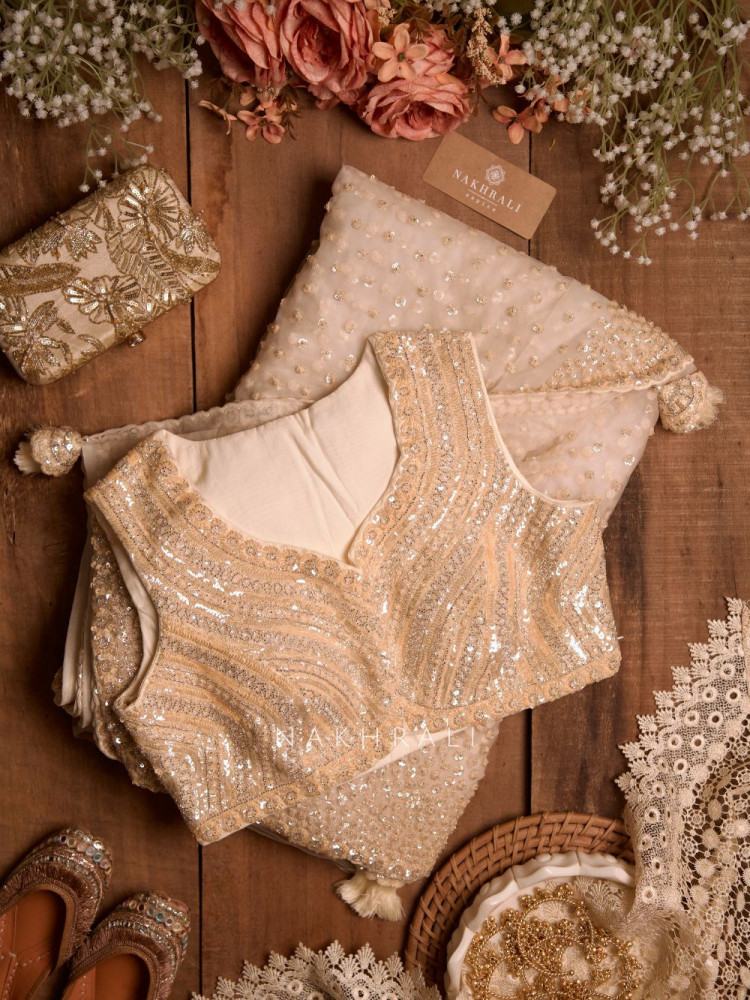 Image of Chandelier Cream Net Saree with Sequin and Cut Dana Blouse