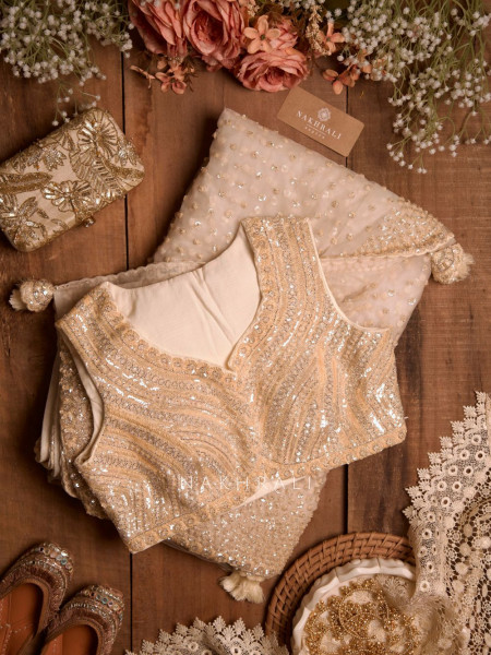 Chandelier Cream Net Saree with Sequin and Cut Dana Blouse