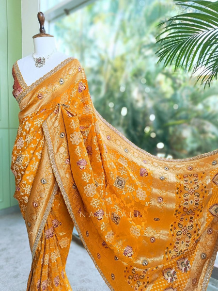 Anant Bindu Yellow Bandhani Print Saree with Sequin Border