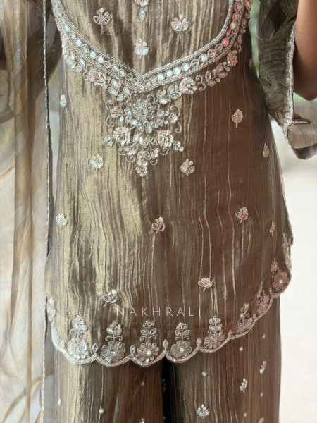 Inara Shimmer Brown Crushed Organza Gharara Suit Set