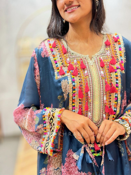 Zerina Blue Floral Pakistani Suit Set with Embroidered Neckline