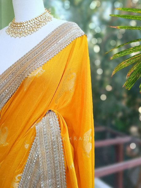 Tavira Yellow Saree with Broad Border and Unstitched Blouse Piece