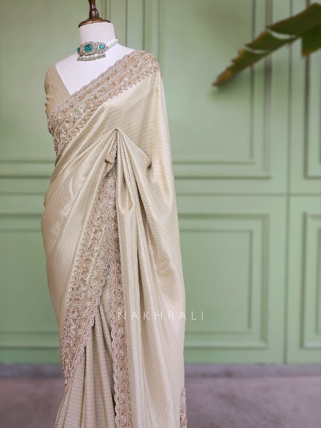 Kasturi Cream Zari Saree with Cut Dana Beads Work