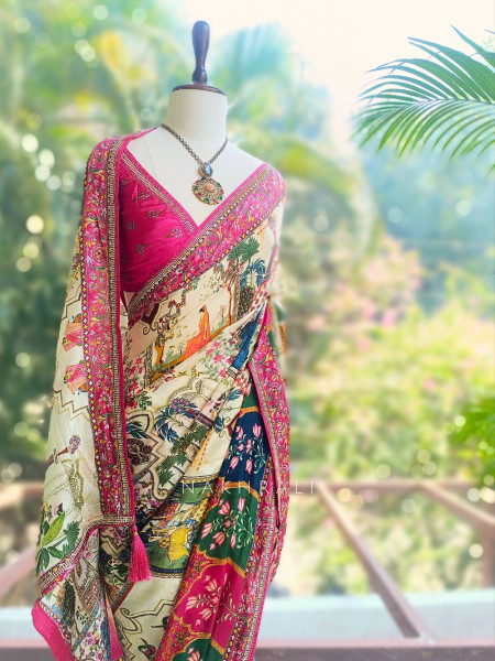Rihon Magenta Printed Saree with Floral Scenic Design