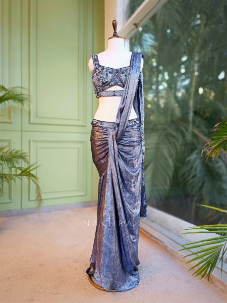 Midnight Tide Blue Drape Saree with Corset Blouse