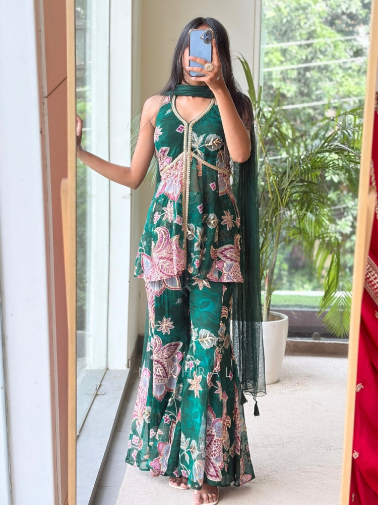 Image of Gulbahar Bottle Green Indo-Western Peplum Sharara Set