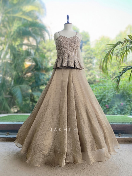 Bespoke Bloom Golden Crushed Shimmer Tissue Fusion Lehenga