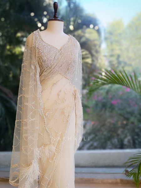 Lumina White Net Saree with Cut Dana & Bead Work