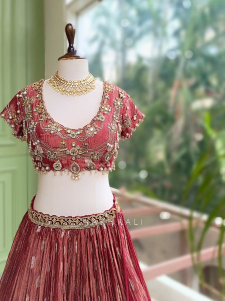Vrishti Red Crinkle Silk Lehenga Set With Kundan Zardosi Work