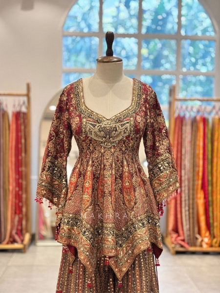 Rangili Maroon Palazzo Short Kurti Suit Set with Sequin Work