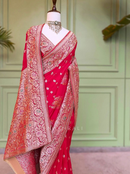 Padmika Red Banarasi Katan Silk Saree with Zari Buti and Meenakari Brocade Pallu